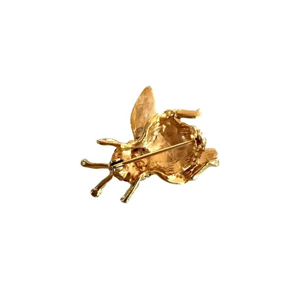 Vintage Gold-Tone Bee Brooch With Rhinestone clear and green Accents - Picture 4 of 6
